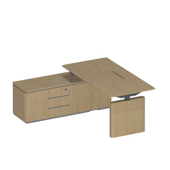 Стол руководителя на электроприводе на опорной тумбе левый, без экрана дуб грейдж